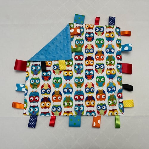 Colorful Owls on White Sensory Tag Blanket