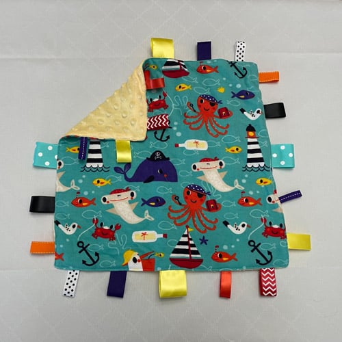 Pirate Sea Creatures on Aqua Sensory Tag Blanket